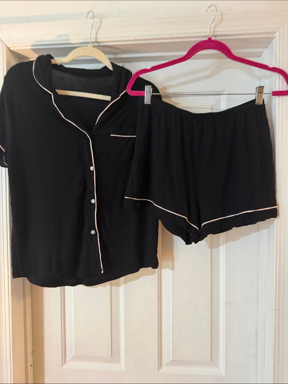 Black Short-Sleeve Pajama Set with Pink Contrast Piping